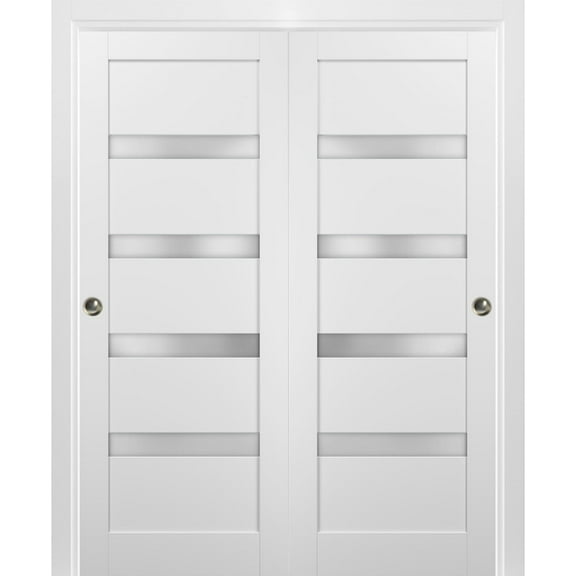 Sliding Closet Bypass Doors 48 x 80 with hardware | Quadro 4113 White Silk with Frosted Opaque Glass | Sturdy Top Mount Rails Moldings Trims Set | Kitchen Lite Wooden Solid Bedroom Wardrobe Doors