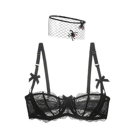 

Varsbaby Sexy Unlined Balconette Demi-Cup Underwire Lace Bra and Black Lady Mesh Mask with Spider