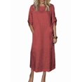 thumbnail image 3 of Womens Loose Fit Casual Solid Color Short Sleeve Linen Blend Midi Dress Summer Wine Red M, 3 of 7