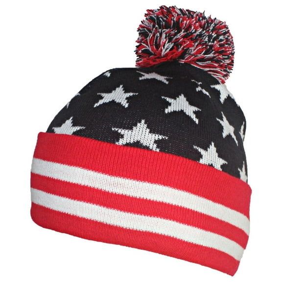 Best Winter Hats American Flag Cuffed Stretchy Tight Knit Beanie Cap W/Pom Pom