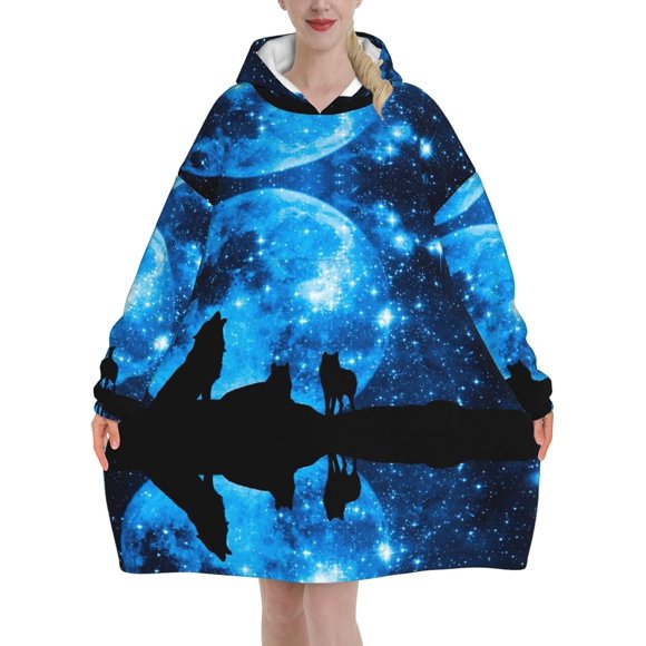 Wolfs Print Blanket Hoodie Women, Cosy Sherpa Sweatshirt Hoodie Blanket For Adults Men