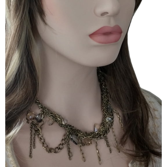 Multi Strand Layered Antiqued Gold Tone Crystal Fringe Chain Necklace Adjustable 15-18" Womens Ladies