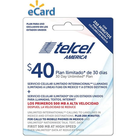 TelCel Unlimited International Long Distance Talk, Text and Data, 500MB at 4G, 250 Min Mex Cell $40 (Email