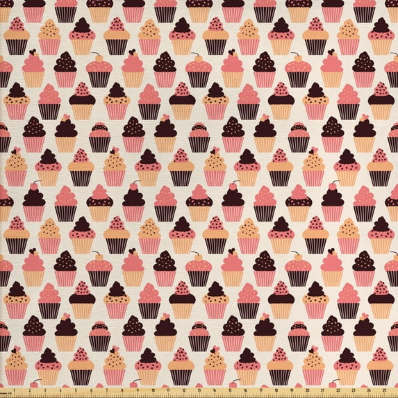 Dessert Fabric by the Yard, Puffy Cupcakes with Sprinkled Colorful Whipped Cream Frosting on Top, Upholstery Fabric for Dining Chairs Home Decor Accents, Coral Peach Dark Brown by Ambesonne