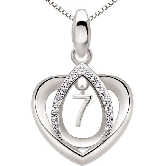 ALOV Jewelry Sterling Silver Lucky Number 7 Seventh Anniversary Numeral Seven Love Heart Cubic Zirconia Pendant Necklace
