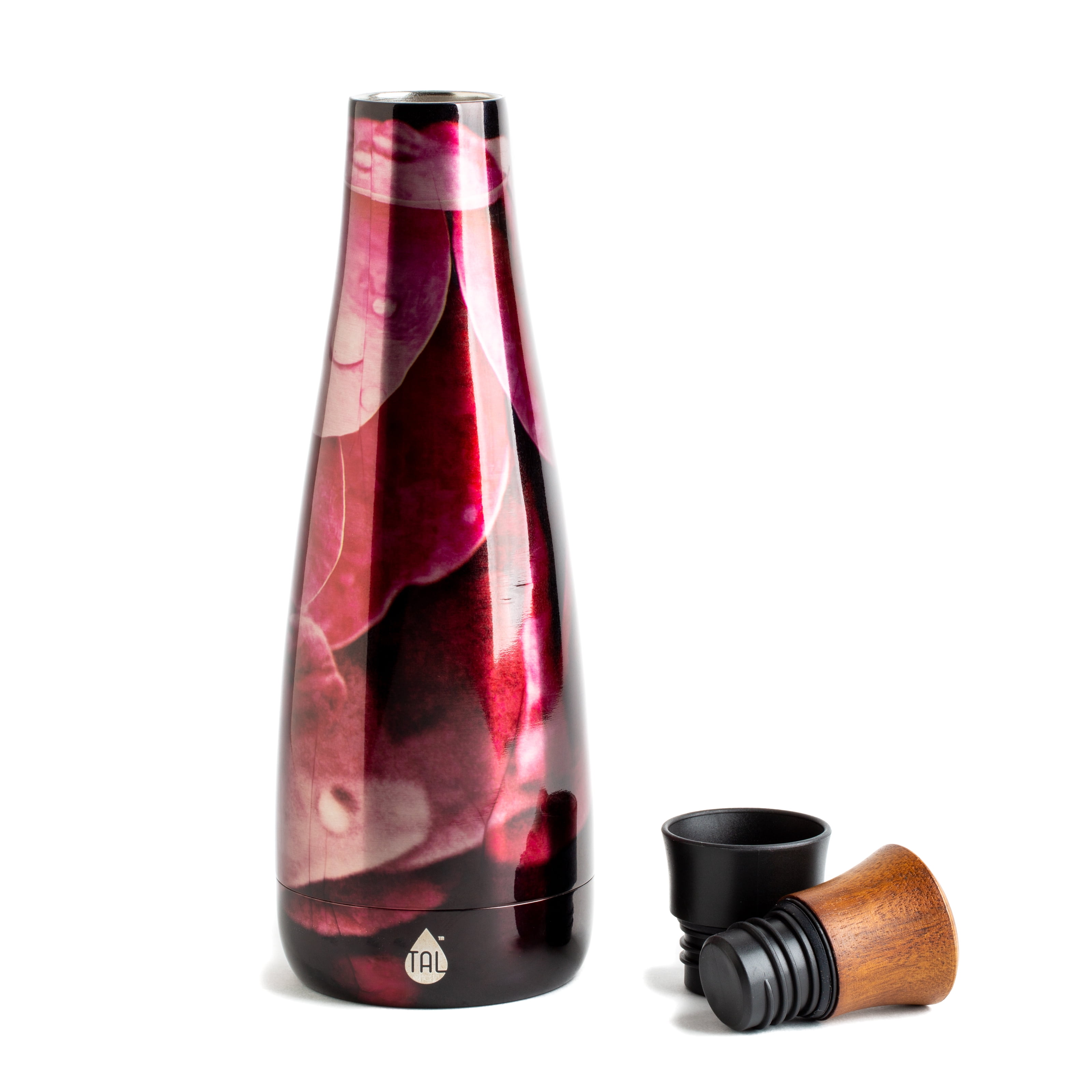 Tal Floral Bordeaux Stainless Steel 17 Ounce Water Bottle with Acacia Wood Lid
