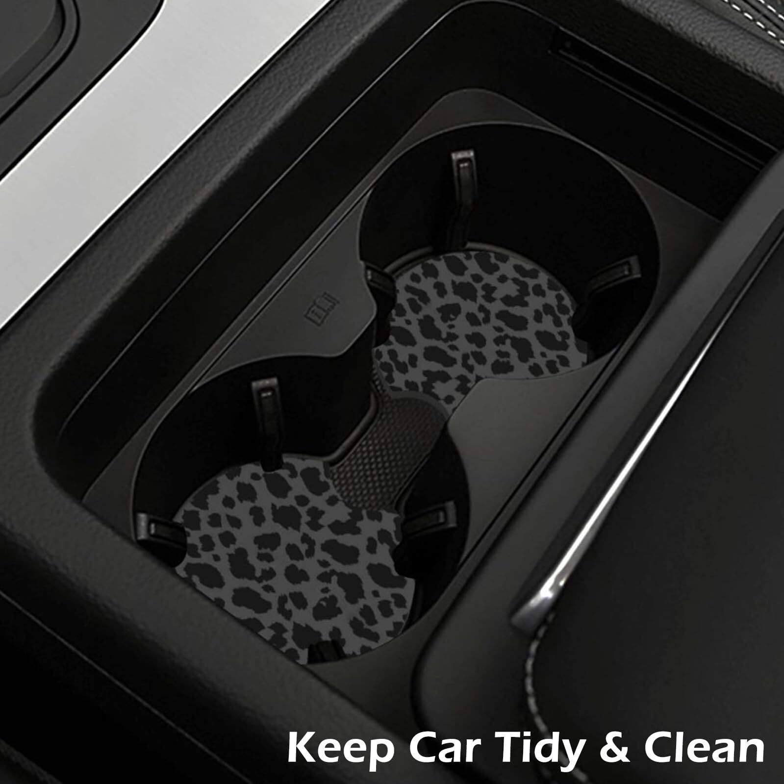 Car Steering Wheel Cover with 2 Pcs Car Coasters, Black Leopard Cheetah Print Car Accessories Decorations for Women, Fit 14.5-15 Inch Auto, Suvs, Truck