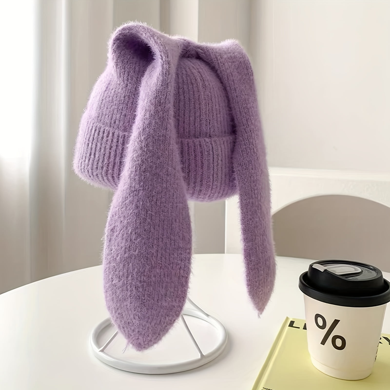 BLSCODE 1pc Cute Long Fluffy Bunny Ears Knitted Beanie Hat Purple