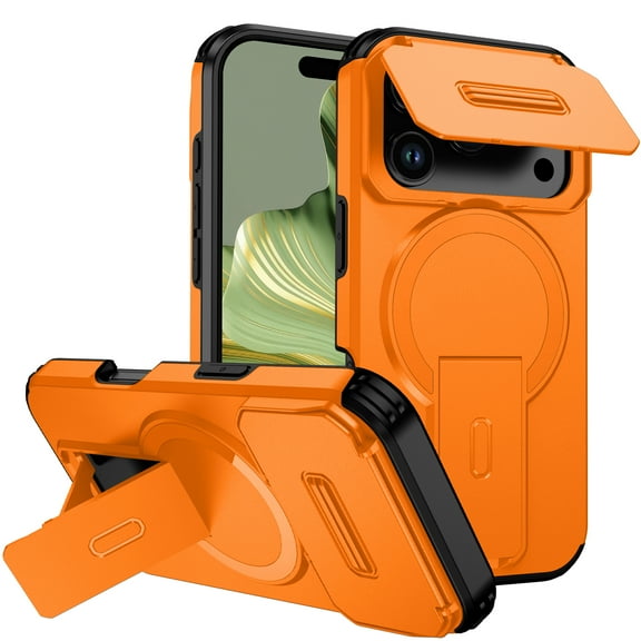 Allytechgroup iPhone 17 Pro Max Case with Stand, Hybrid TPU PC Back Cover with Sliding Camera Lens Shockproof [Compatible with Magsafe] Rugged Bumper Phone Case for Apple iPhone 17 Pro Max, Orange