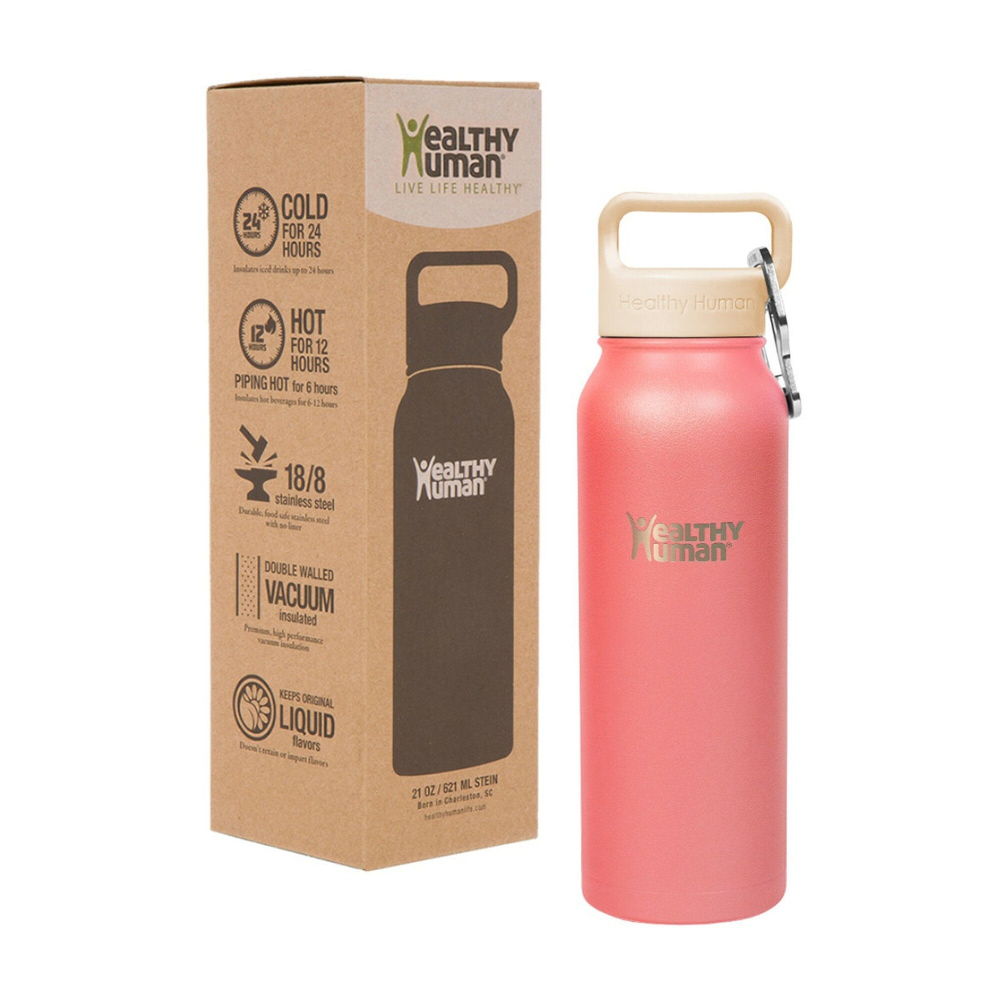 Healthy Human Stainless Steel Water Bottle | Double Walled Vacuum Insulated Water Thermos for Adults | Eco-Friendly Travel Bottles with Leak Proof Lid (Rose, 21 oz/ 621 ML)