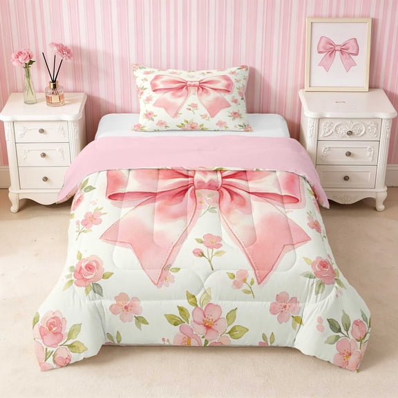 Erosebridal Pink Satin Bow Cherry Blossom Twin Comforter Sets for Girls, Romantic Rose Floral Bedding Set, Pink Reversible 2-Piece 1 Comforter and 1 Pillowcase