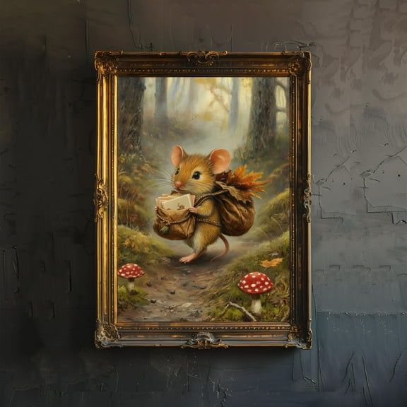 Mouse Mail Delivery Art Print Cottagecore Dark Academia Decor Whimsical Animal Wall Art Vintage Nature Poster for Cozy Homes and Bookish - Poster Unframed