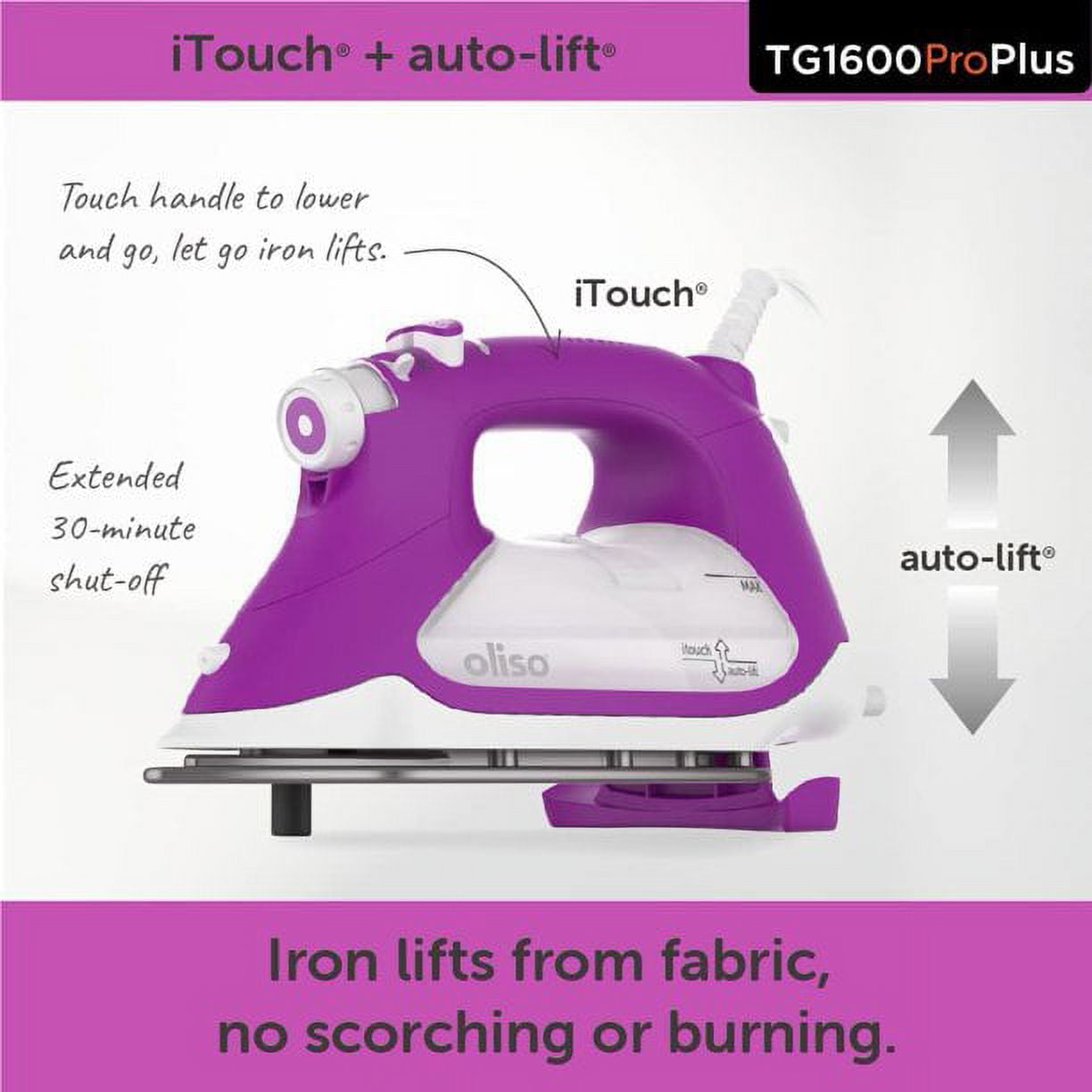 Oliso TG1600 Pro Plus 1800 Watt SmartIron with Auto Lift - for Clothes, Sewing, Quilting and Crafting Ironing | Diamond Ceramic-Flow Soleplate Steam Iron, Orchid