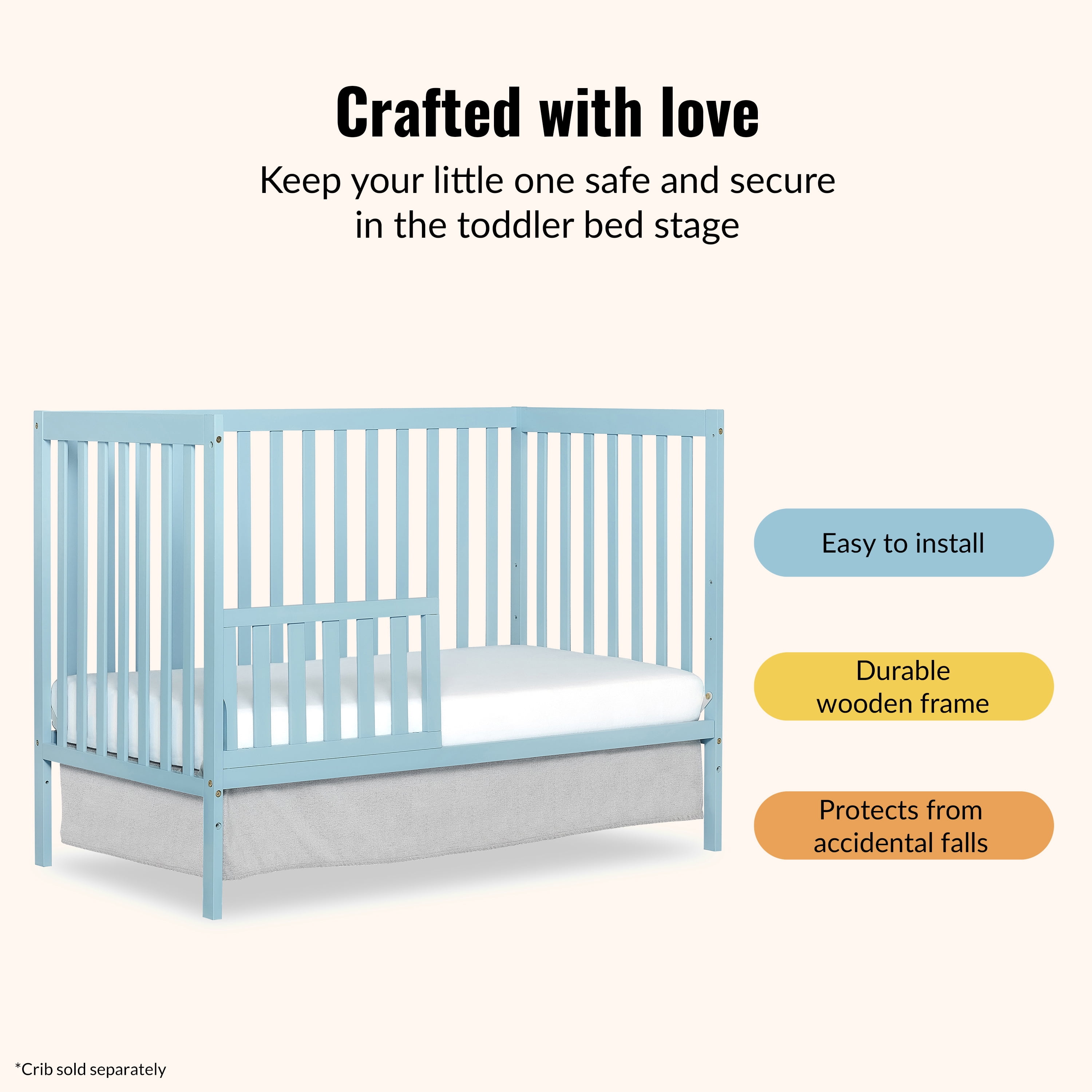 Dream On Me Convertible Crib Toddler Guard Rail in Aqua Sky, Converts Cribs to Toddler Beds