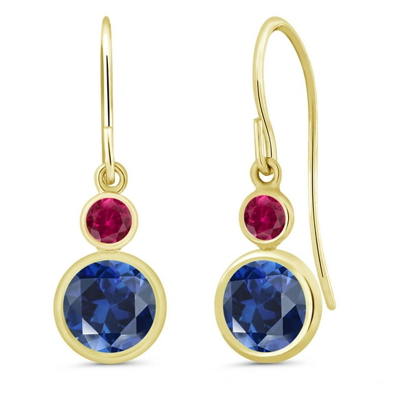 Gem Stone King 14K Yellow Gold Blue Created Sapphire and Red Created Ruby Drop Dangle Earrings for Women (2.28 Cttw, Gemstone September Birthstone, Round 6MM and 3MM)