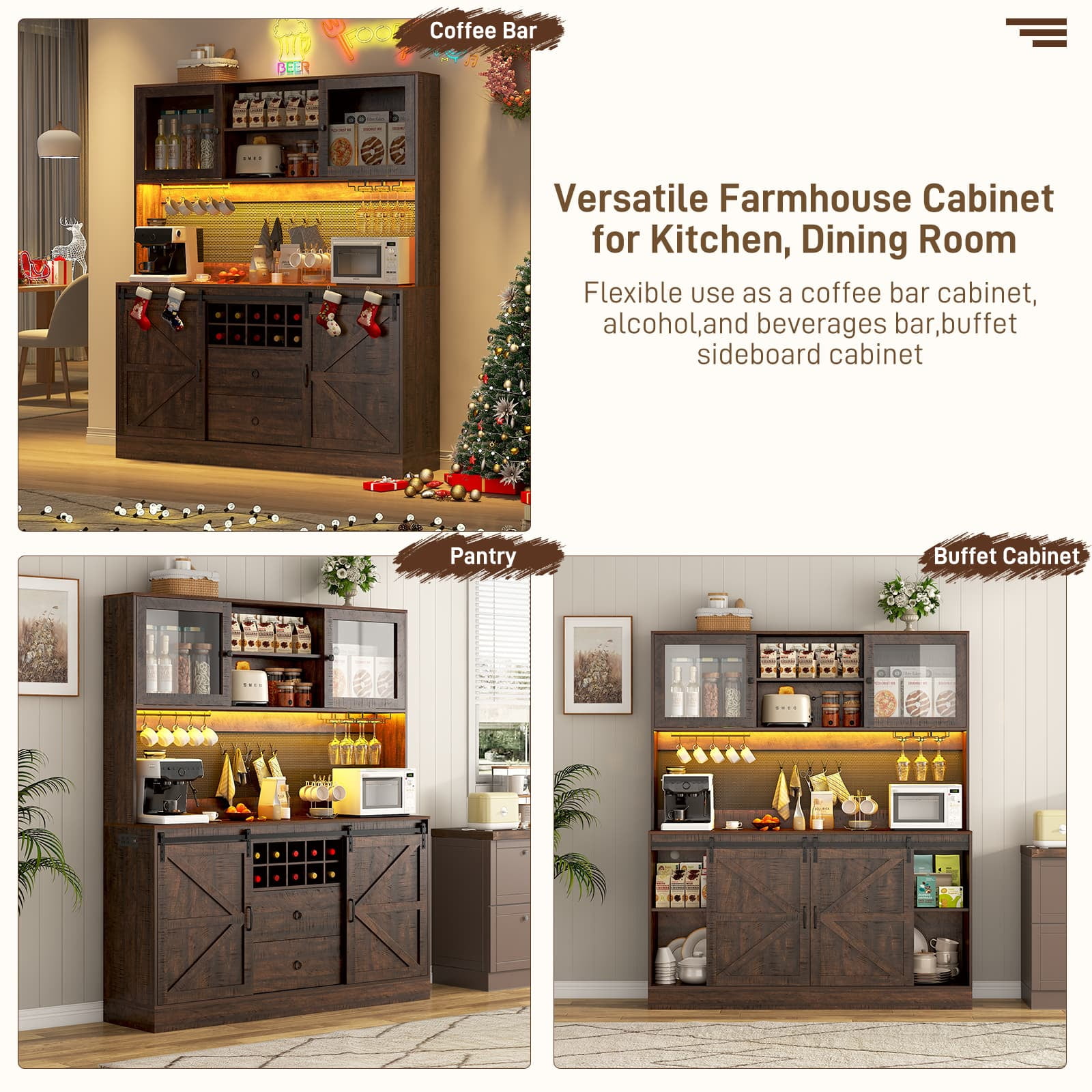 74" Farmhouse Kitchen Pantry Storage Cabinet with LED Light & Charging Station, 63" W Coffee Bar Cabinet Kitchen Cupboard with Hutch and Sliding Barn Doors, Pegboard