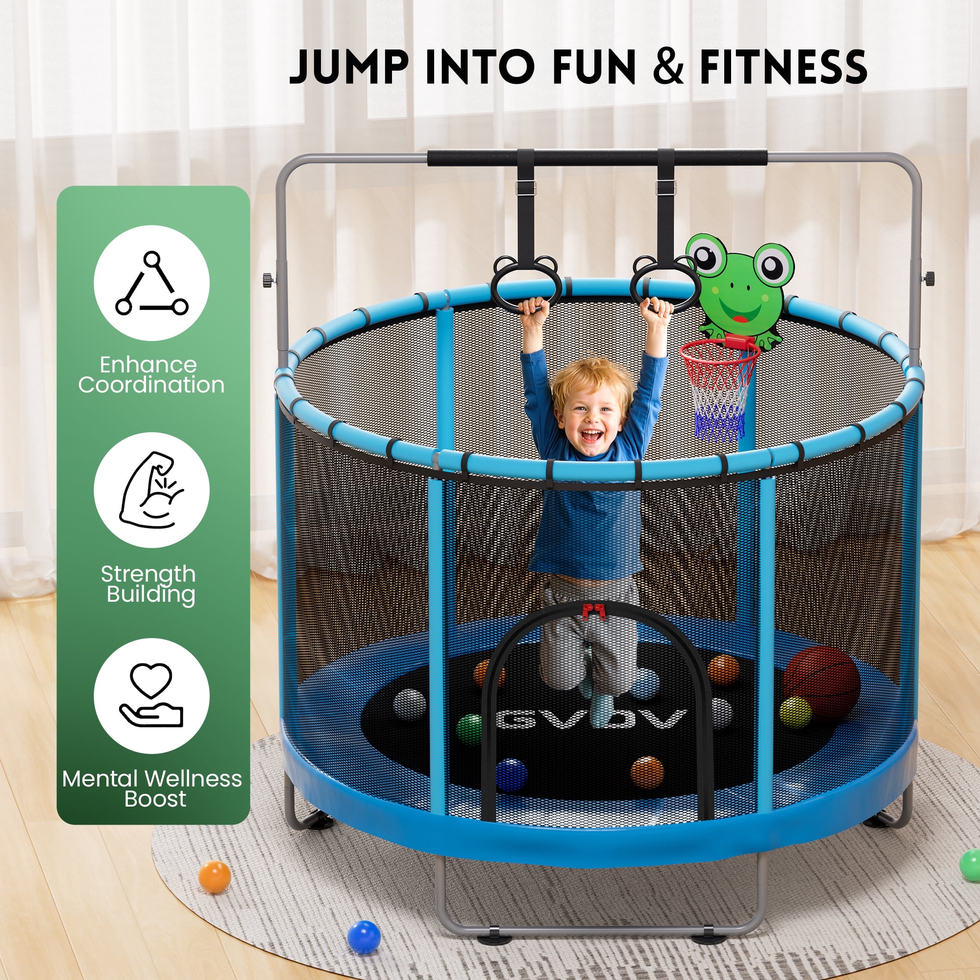 Trampoline for Kids, 60" Toddler Mini Trampoline with Enclosure Net, Basketball Hoop