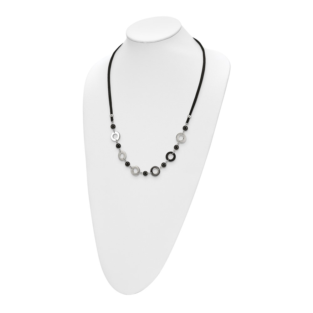 Stainless Steel Fancy Necklace Chain Polished w/Black Agate w/1.5in ext Leather Cord 27 inch