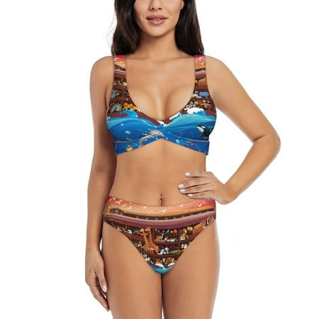 Zeuib Animals On Noah s Ark2 High Waisted Tummy Control Bikini Set - Knot Front Push Up Top & Cheeky Thong Bottom  Two-Piece Swimsuit for Women-XX-Large