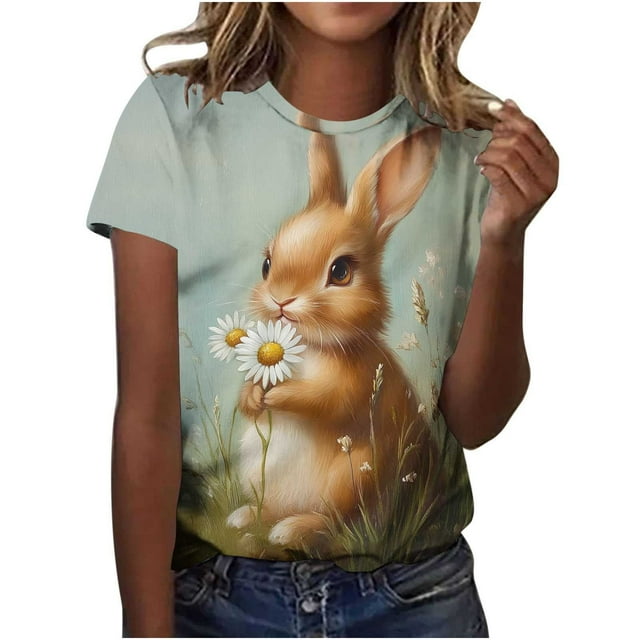 Tops de Ajuste Suelto para las Mujeres Sudadera Casual Impresa Manga Corta Cuello Redondo Superior, Poliéster