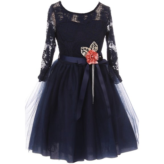 Little Girls Elegant Rose Floral Lace Illusion Top Satin Belt Flower Girl Dress Navy Blue 4 (2J0K9S8)