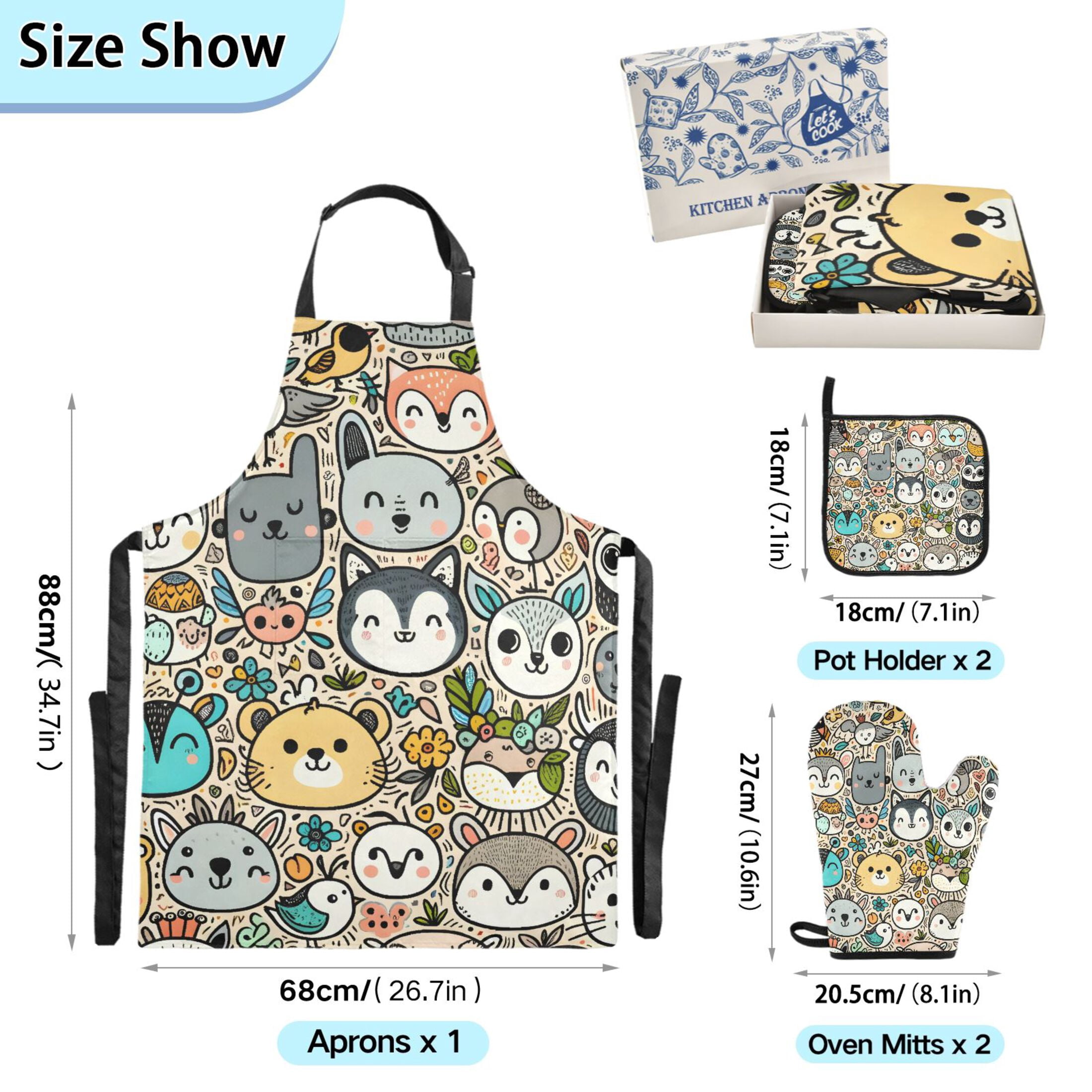 Cute Animal Faces 5 Pcs Kitchen Set Heat Resistant Oven Mitts and Non-Slip Pot Holders with Adjustable Cooking Apron