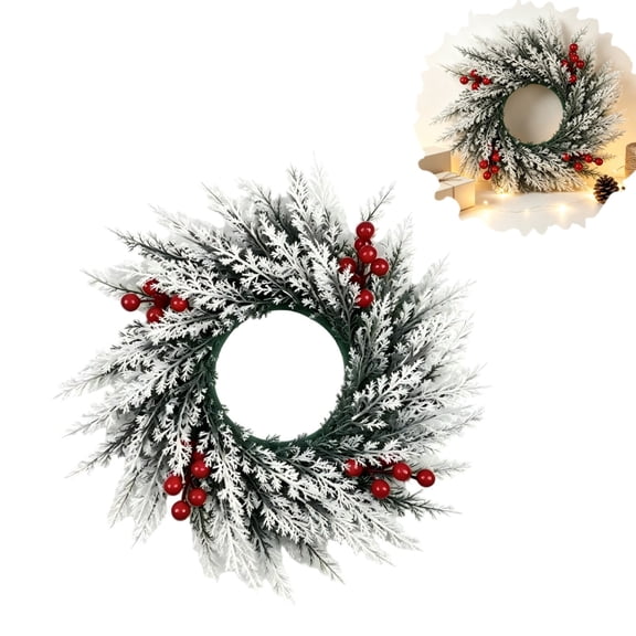 Clearance 15.75 Inch Norfolk Pine Wreath and Cedar Wreath for Front Door, Christmas Wreath with Red Berry for Indoor and Outdoor Decor, Snowy White Xmas Winter Wreaths for Porch or Window