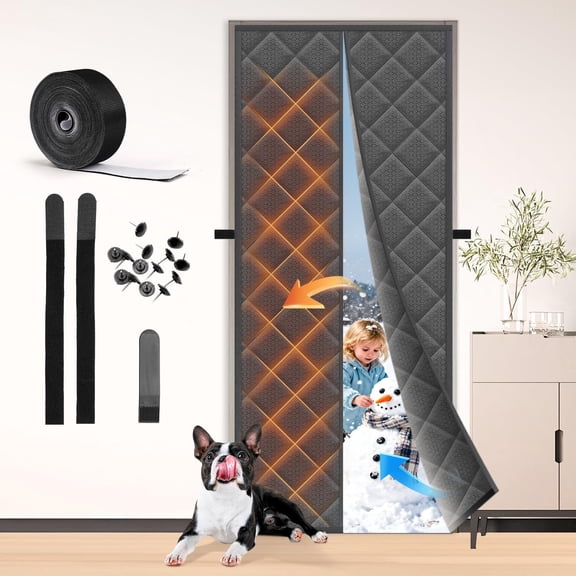 Magnetic Thermal Insulated Door Curtain Fit Doors 36'' x 80'', Thermal Door Blanket Insulation Cover for Winter, Oxford & Thicken Cotton Doors Screen for Attic, Front,Doorway,Sliding Glass,Gray