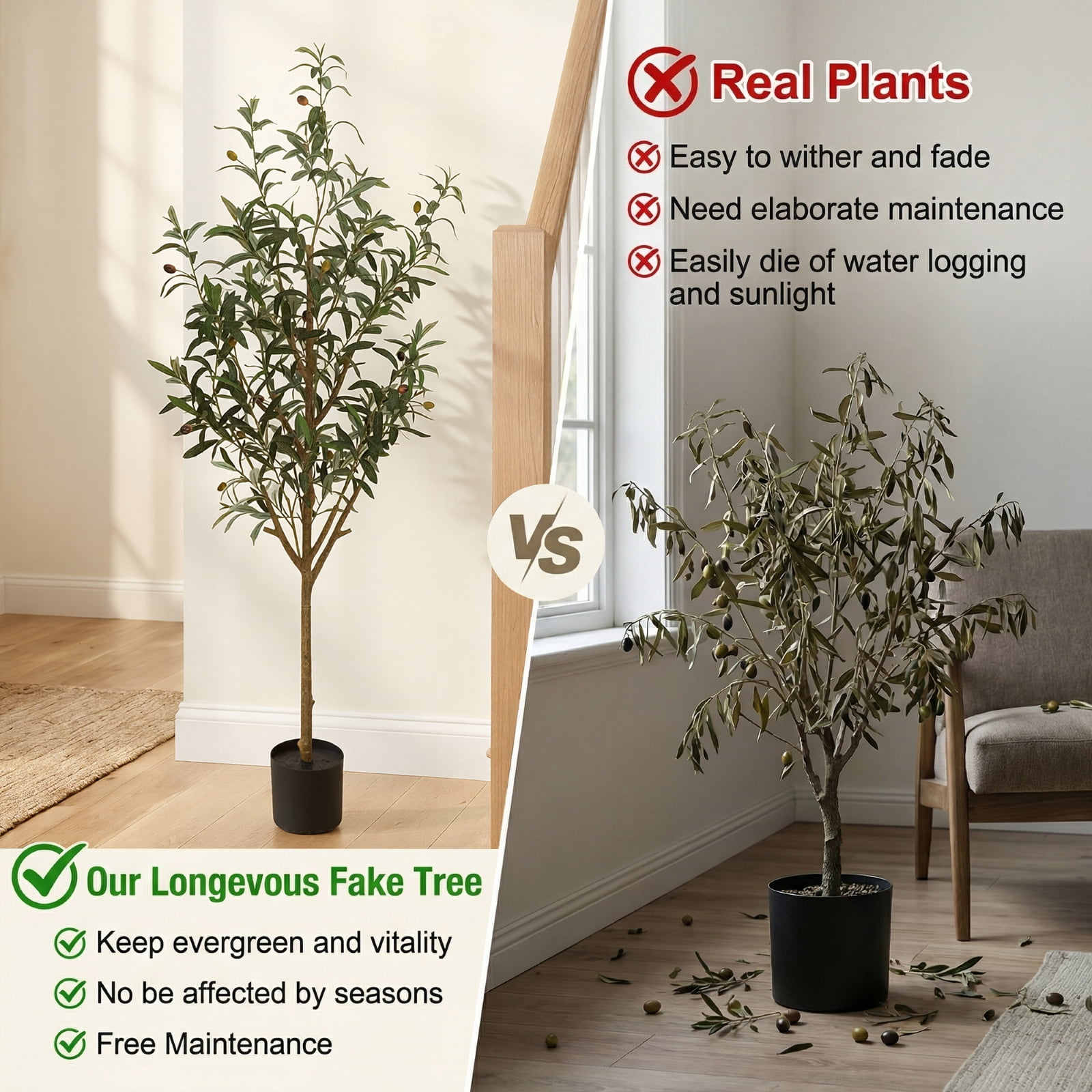 BEAUTYPEAK 5.1FT Artificial Plant Fake Indoor Olive Tree Decorative Outdoor Greenery in Black Pot