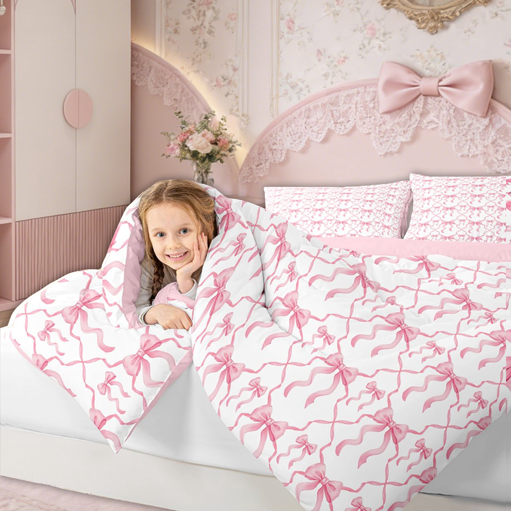 Pink Bow Bedding Set Teen Women,Cute Ribbon Bowknot Full Bed In A Bag 7 Pcs Kawaii Watercolor Bow Tie Comforter Set,Pink White Princess Bow Bed Set