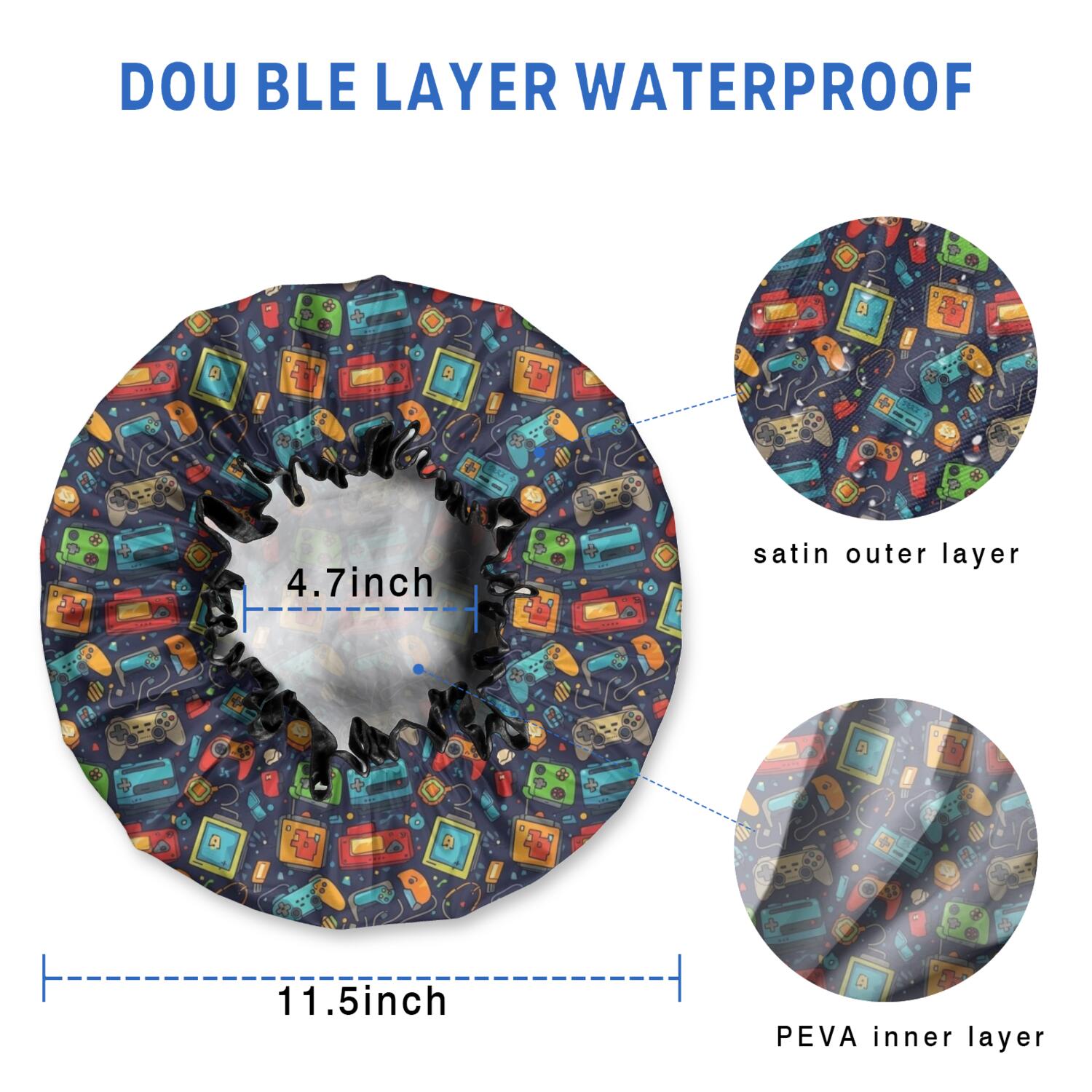Shower Caps,Colorful Games Retro Black Pattern Waterproof Shower Cap for Women 4 Pieces,Double Reusable Hair Cover for Shower PEVA Elastic Stretch Hem