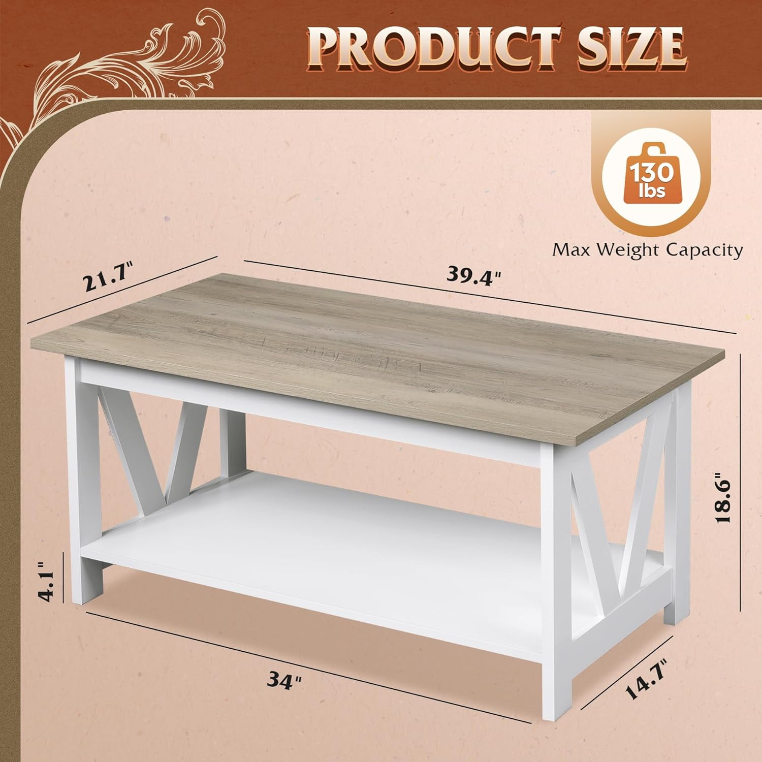 GALAXHERO 39.4" Coffee Table with Storage Shelf Farmhouse Coffee Table with V-Frame Support 2-Tier Wood Rustic Center Table for Living Room, Bedroom & Balcony, Greige & White