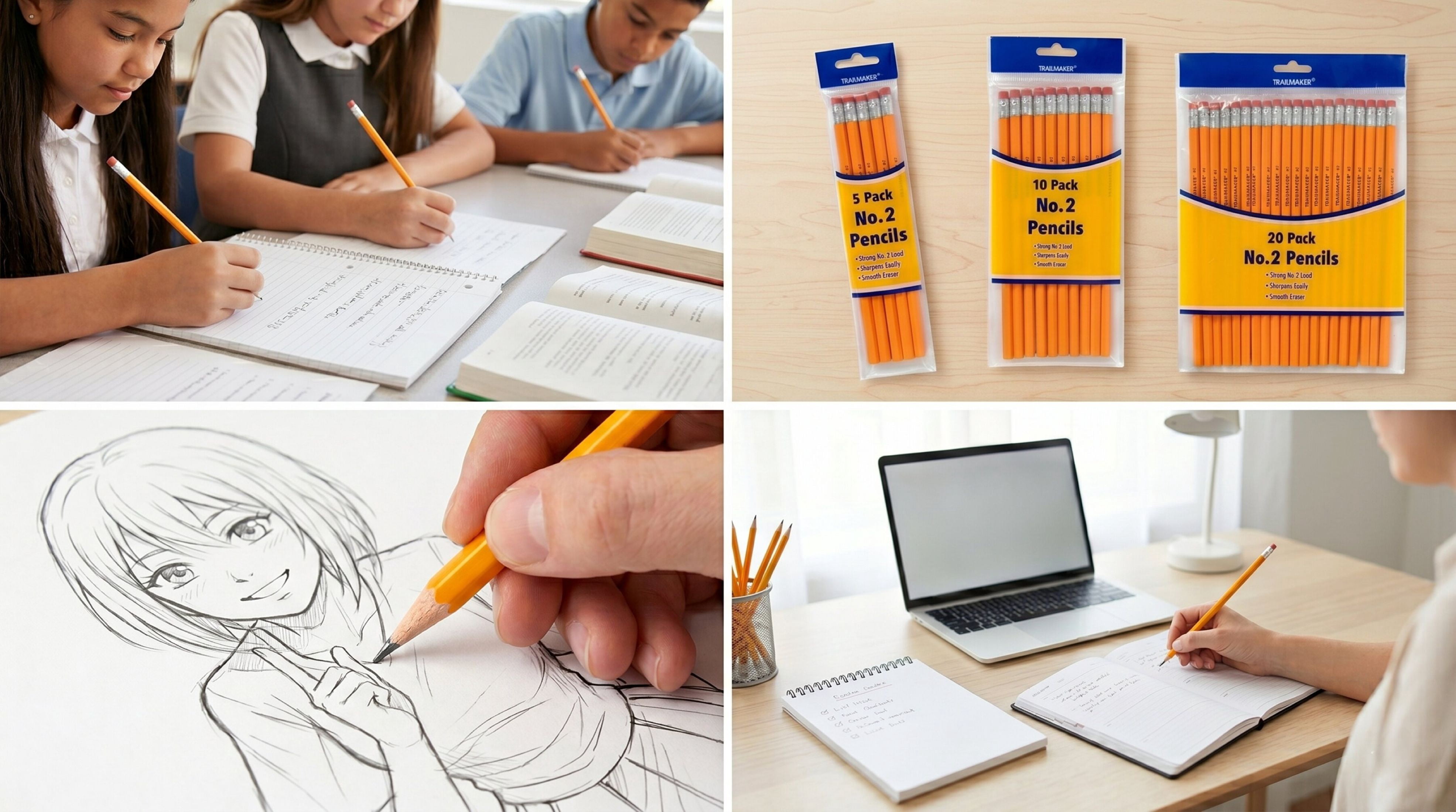 Trailmaker Wood Cased #2 HB Pencils - 500 Unsharpened Yellow Pencils in Bulk for Home, Office (100 5-Packs)