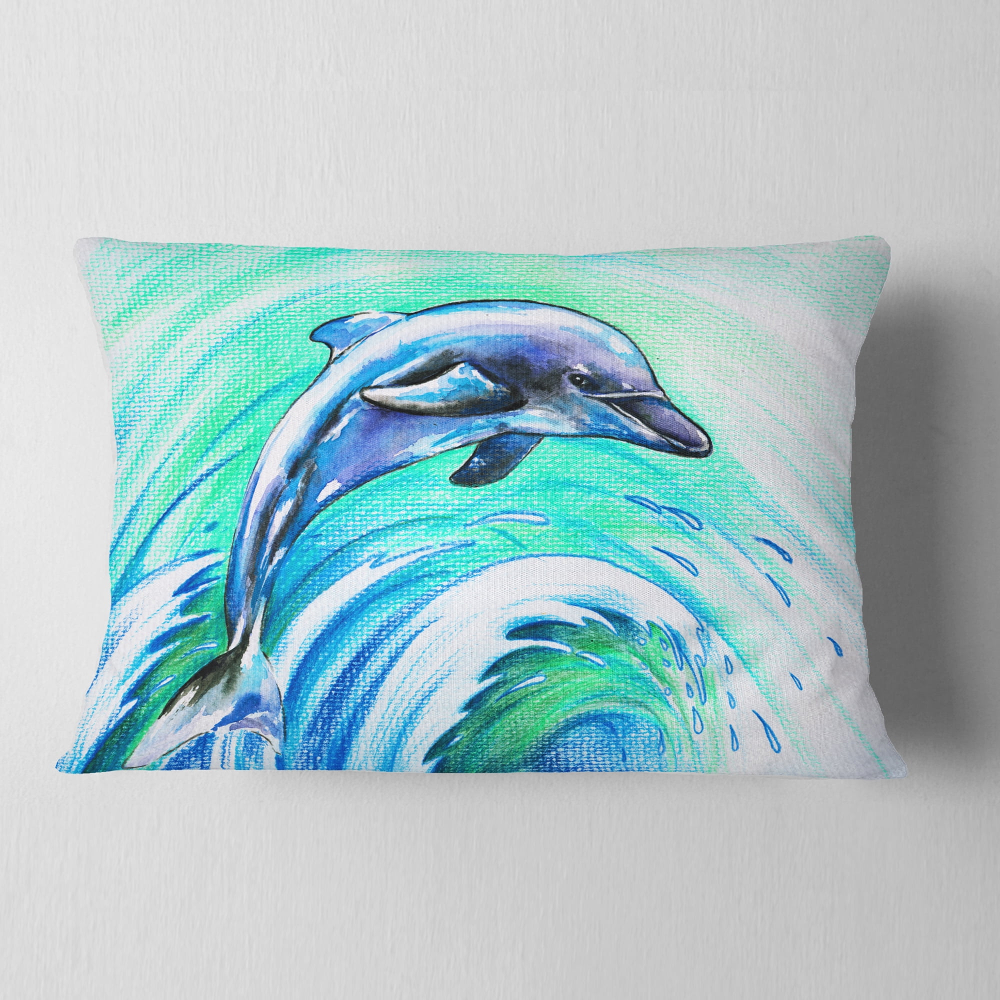 Designart Jumping Dolphin Watercolor - Animal Throw Pillow - 12x20