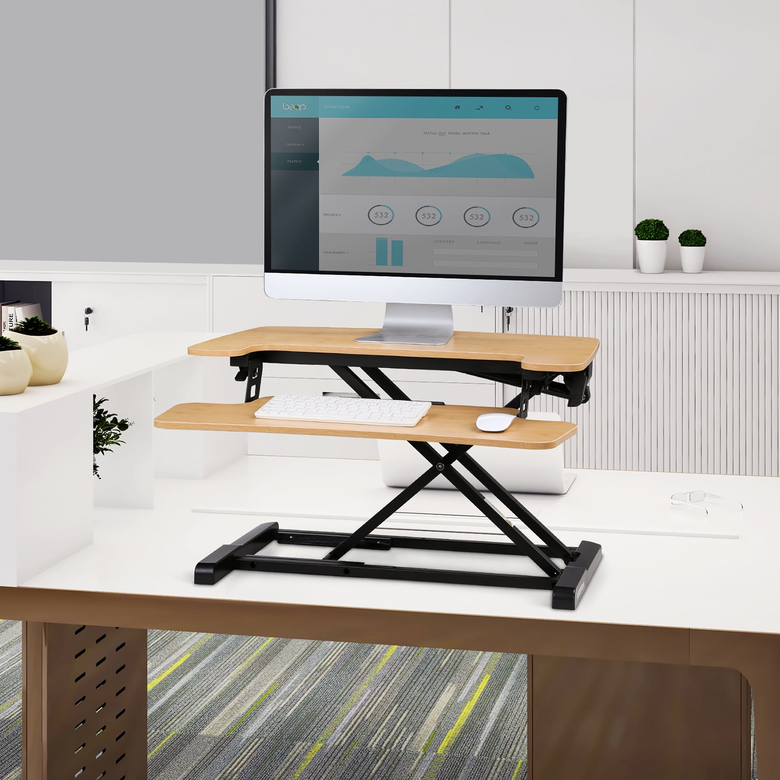 FLEXISPOT Height Adjustable Standing Desk Converter, 28" Bamboo Desktop Riser with U-Shaped Design & Spacious Keyboard Tray for Home Office Sit-Stand Workstation