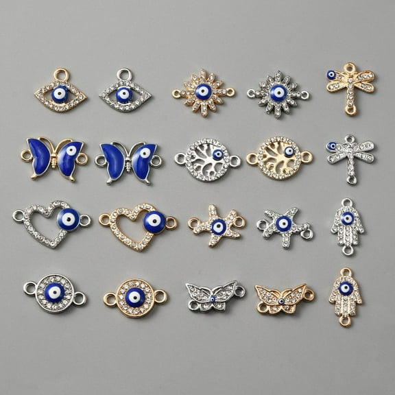 20pcs 20 styles Jewelry Making Findings Kits including Evil Eye Alloy Enamel Connector Charms and Pendants with Crystal Rhinestones Flat