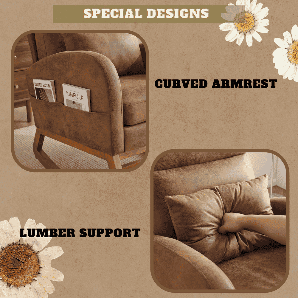 Spaco Linen Rocking Chair with Thick Headrest, Upholstered Mid-Century Modern Nursing Rocker Glider with Curved Armrest and Sturdy Solid Wood Base for Living Room, Bedroom, Baby Room, Brown