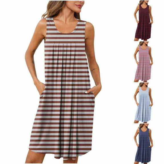 Aboser Womens Pleated Tank Nightgowns with Pockets Retro Striped Print Sleepdress Loose Crew Neck Loungewear Breathable Soft Sleeveless Nightshirt Casual Pajama Dress