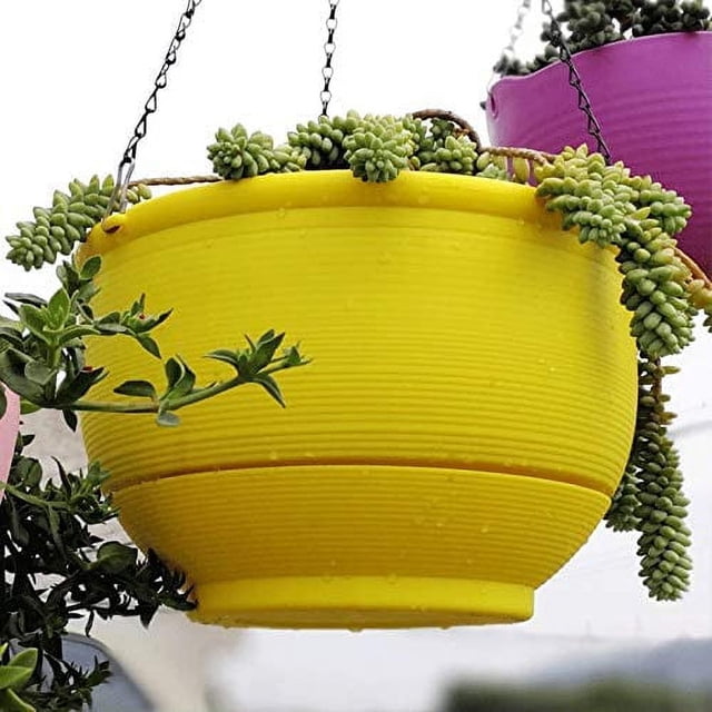Cesta colgante de plástico para macetas con autorriego de color amarillo