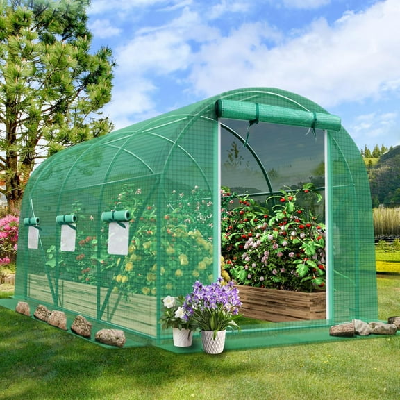 REKHH Walk-in Greenhouse Upgraded Green House with Dual Zippered Screen Doors & 6 Screen Windows Heavy Duty Plastic Plant Warm House with Reinforced Frame (10x7x7 FT)