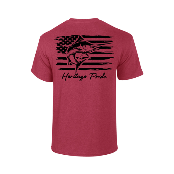 Heritage Pride Marlin Deep Sea Fishing American Flag Short Sleeve T-shirt-Antique Cherry-medium