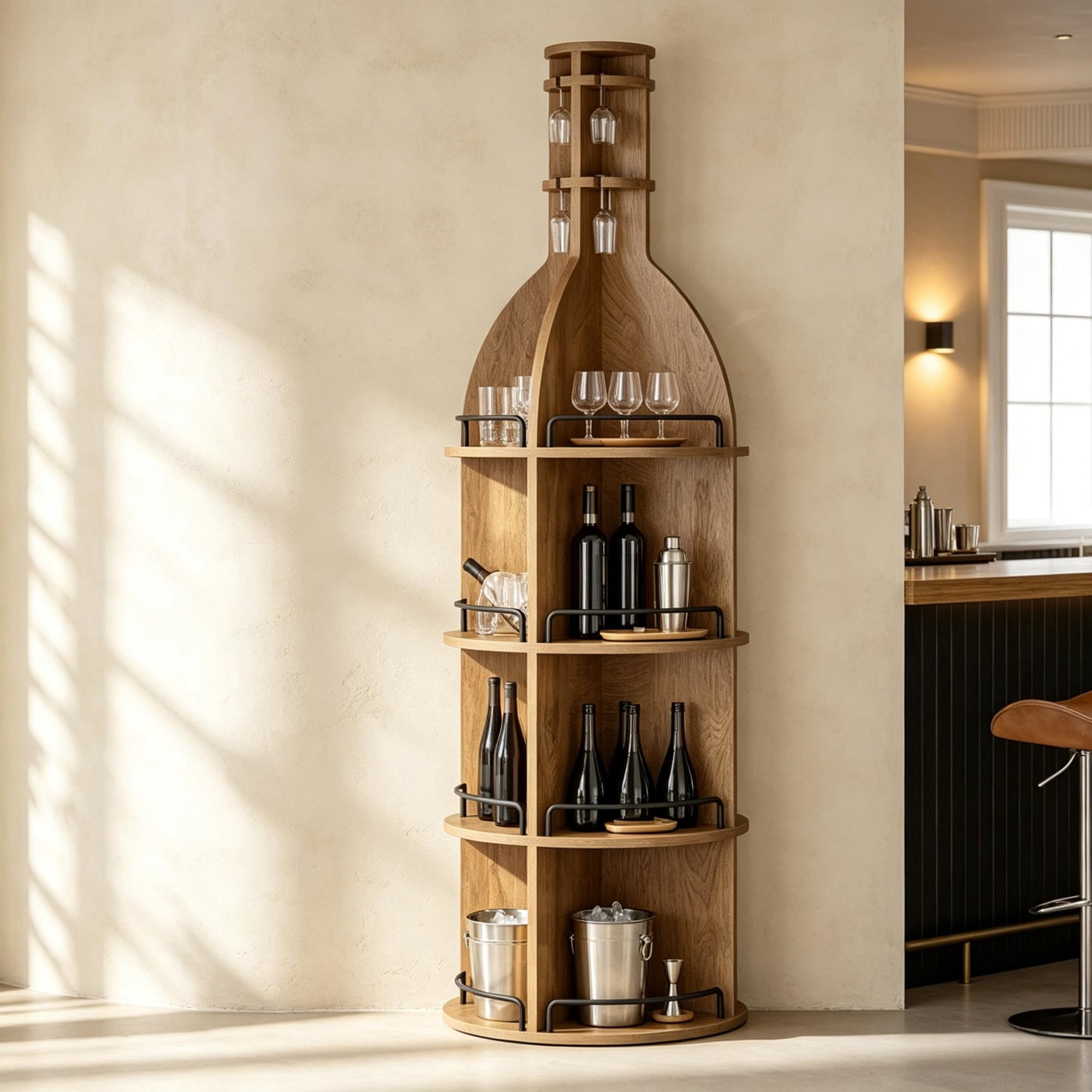 75 Inch Round Wine Cabinet with Shelves and Hanging Goblet Holder, Wine Rack (No Lights)