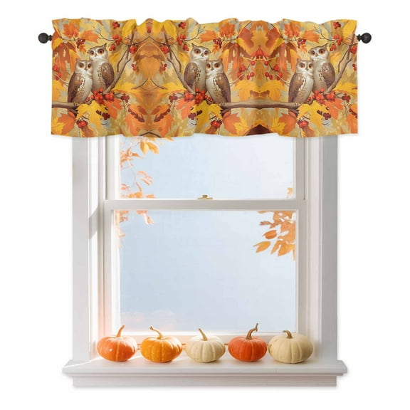 Valance for Windows Kitchen Curtains 42"W x 12"L Fall Yellow Maple Leaves Owls Branch Light Filtering Curtain Valances Rod Pocket Curtains for Bedroom Farmhouse Living Room