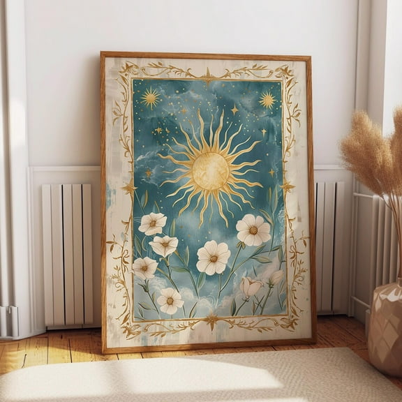 Golden Sun Illustration Art Poster - Mystical Sun And Flower Botanical Wall Art Wall Art, Modern Wall Decor, 8x12 UNFRAMED
