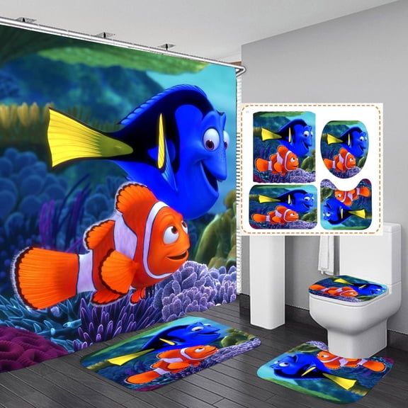 Dory Nemo Shower Curtain Bathroom 4 Pieces Set Toilet Lid Cover and Bath Mat, Non-Slip Rugs Durable and Waterproof, for Bathroom Decor Set, 72" x 72"