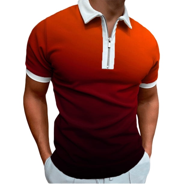 Txlixc - Polo de manga corta para hombre, cuello vuelto, diseño de patchwork, color degradado, con cremallera, informal Txlixc Estilo de ocio
