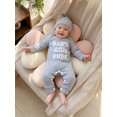 thumbnail image 5 of RUINIXCW Dad's Little Dude Baby Boy Fall Winter Outfit Romper Newborn Baby Boy Hospital Coming Home Outfit Waffled Striped Letter Long Sleeve Jumpsuit Hat Set, 5 of 8