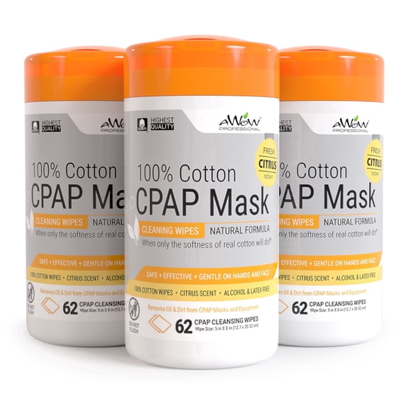 AWOW Professional CPAP Mask Wipes, Citrus Scented 100% Cotton Cleaning Wipes for CPAP Masks & Equipment, 62 Count Each, 3 Pack