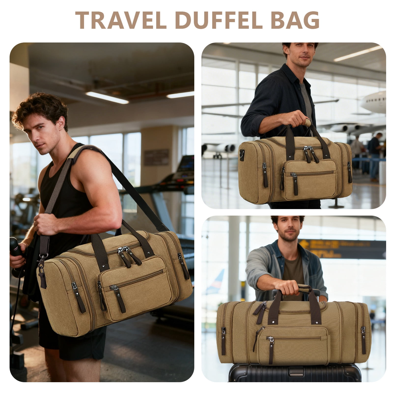 DAKOMM Duffle Bag for Travel, 50L Expandable Canvas Travel Duffel Bags Overnight Weekend Waterproof Gym Carry On Luggage Bag Travel Bag for Men & Women, Coffee