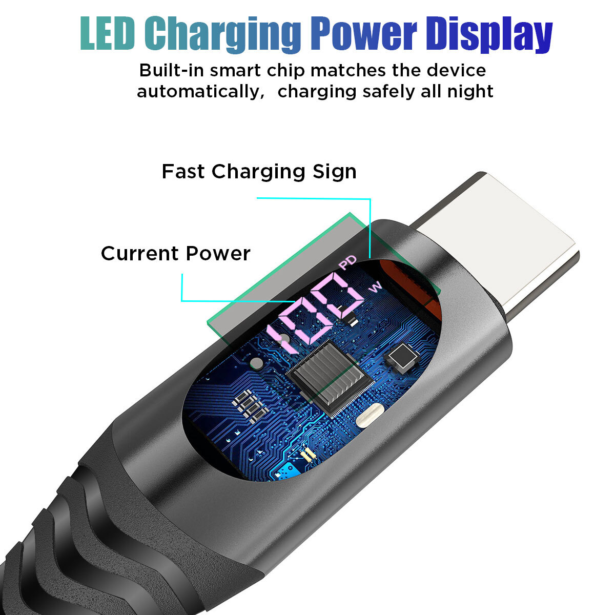 AICase 100W USB-C to USB-C Cable 100W Fast Charger Type-C Charging Data Cord LED Display Cable